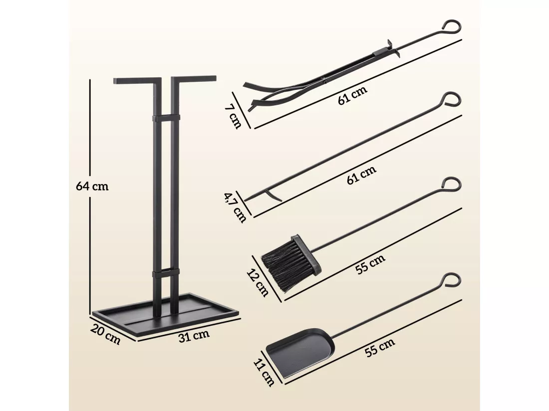 Serviteur de cheminée moderne 5 pièces - balai, pelle, pince, tisonnier, support - métal noir