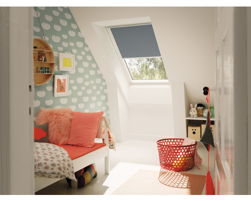 VELUX verduisterend rolgordijn, effen blauwgrijs, handmatig, wit frame, DKL C02 4581SWL