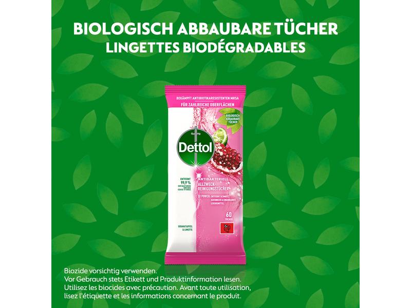 Dettol Allzweck-Reinigungstücher Granatapfel & Limette 60 S Antibakterieller Oberflächenreiniger mit fruchtigem Duft