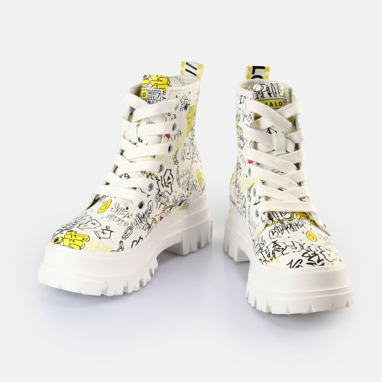 Aspha Lace Up Hi Bottines véganes, blanc graffiti