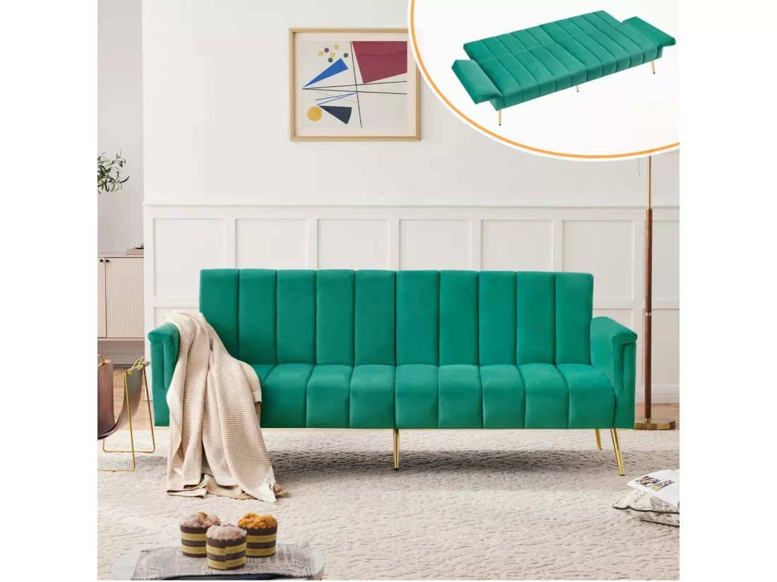 Canapé 4 places convertible express en velours vert, avec pieds auxiliaires, Couchage 220x104cm, charge max 150kg, 183x76x75cm