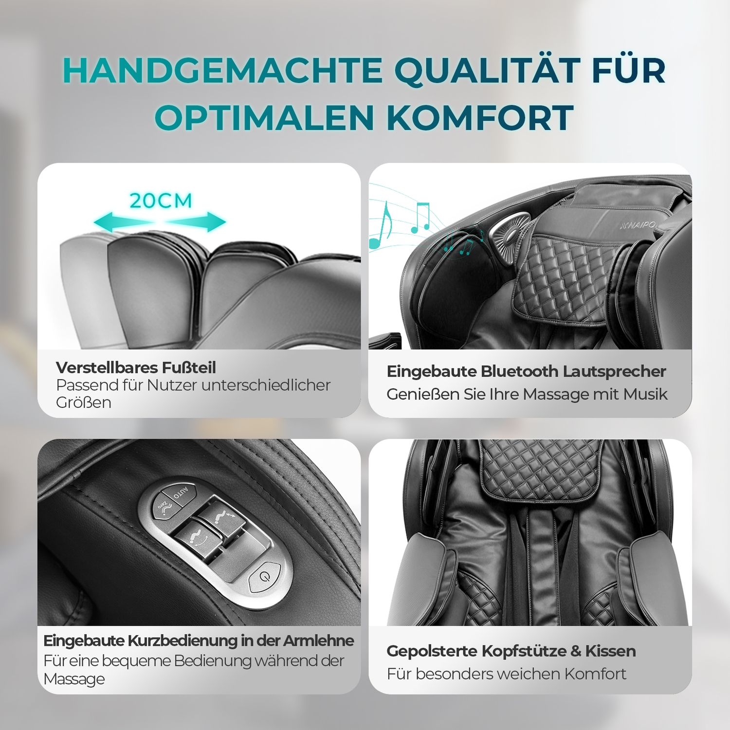 NAIPO Massagesessel Shiatsu Zero-Gravity Massagestuhl Wärmetherapie 3D Surround-Sound USB Schwarz