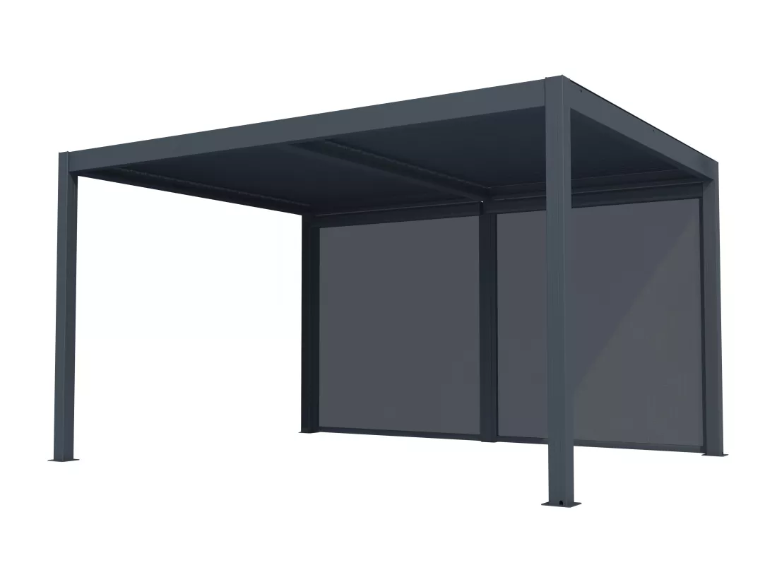 Pergola bioclimatique autoportante électrique anthracite en aluminium avec lames orientables et rideau rétractable 3,67 m - 12 m² - AMADORA