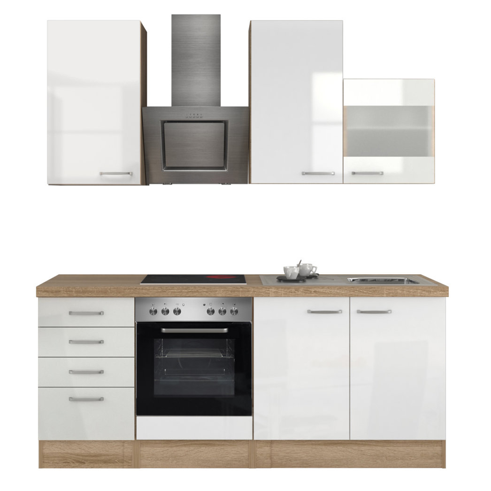 Küchenblock VALERO - weiß Hochglanz-Sonoma Eiche - mit E-Geräten - 210 cm