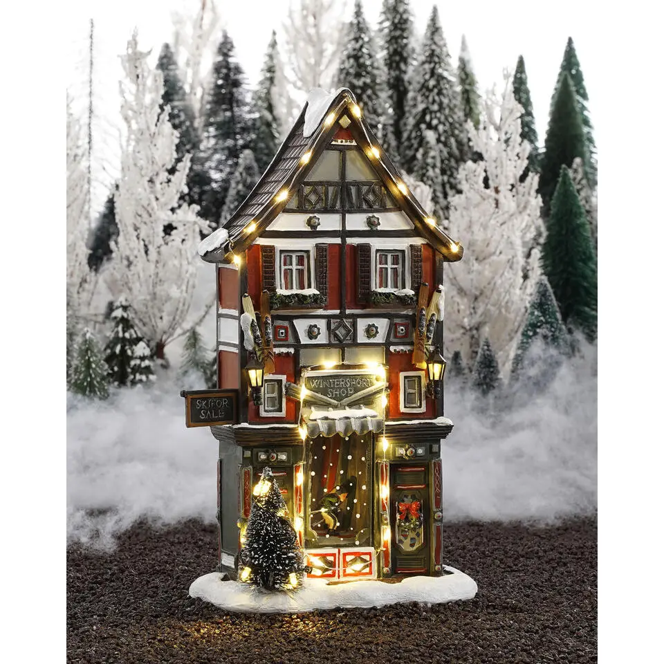 LuVille Kerstdorp Miniatuur Wintersportwinkel - L17,5 x B8 x H28 cm