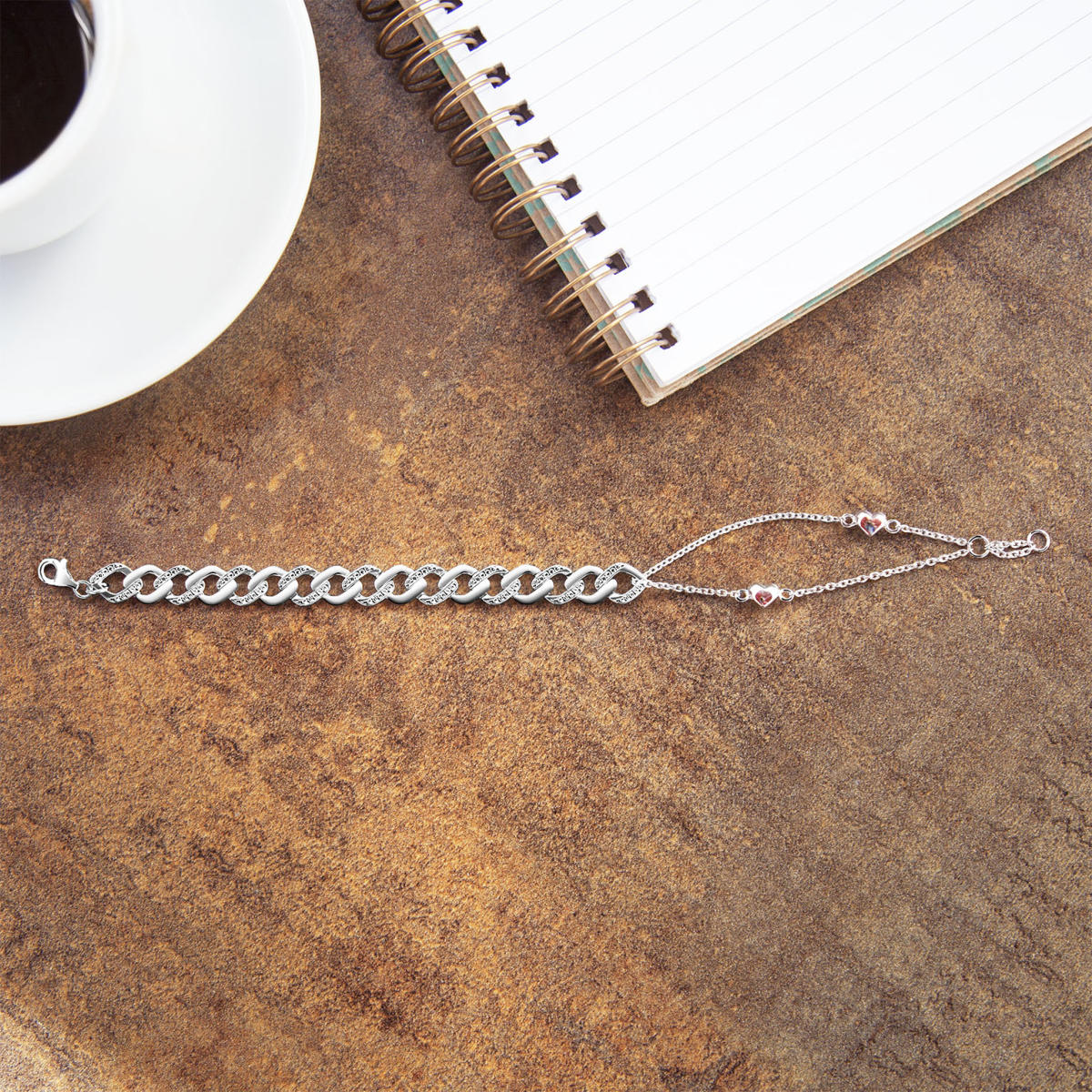 Bracelet argent 925 maille gourmette, double chaine coeur, zirconias 19 cm