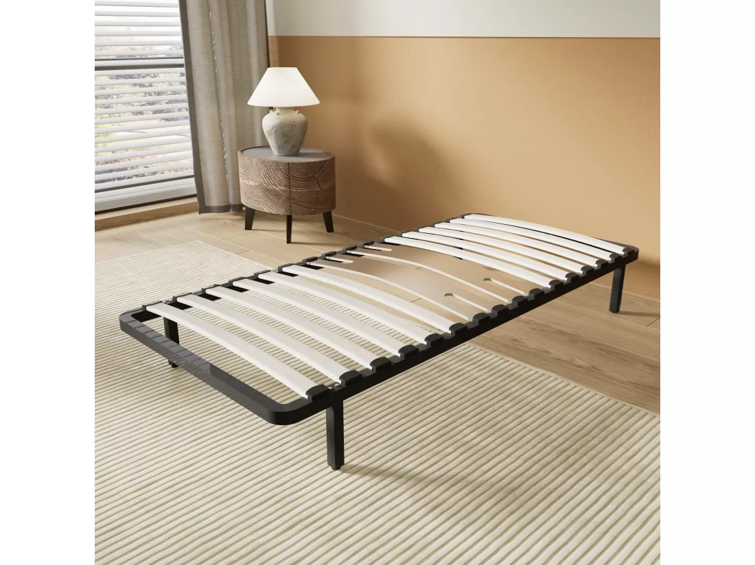Cadre à lattes en bois 120x190 cm – cadre en acier et lattes en bois – 7 pieds hauteur 25cm – renfort lombaire