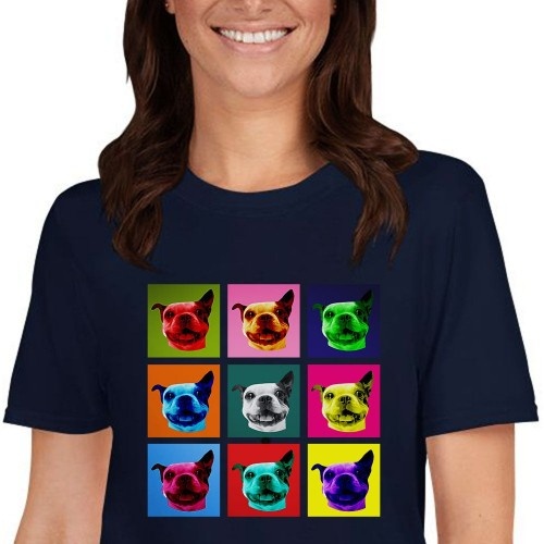 Camiseta feminina Mascochula, estilo Warhol, personalizada com a foto do seu animal de estimação azul-marinho.