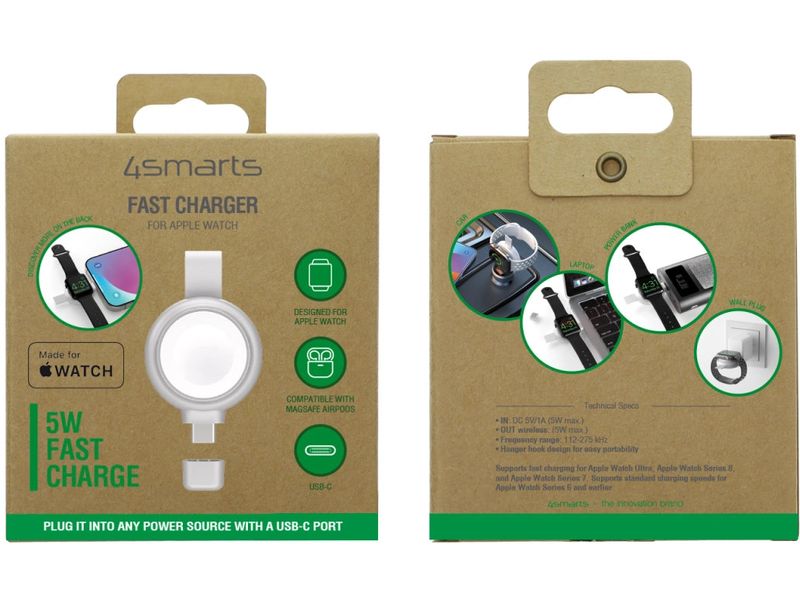 4smarts Ladekabel Apple Watch Charger QI2.0 Silber MFi-Schnellladegerät für Apple Watch