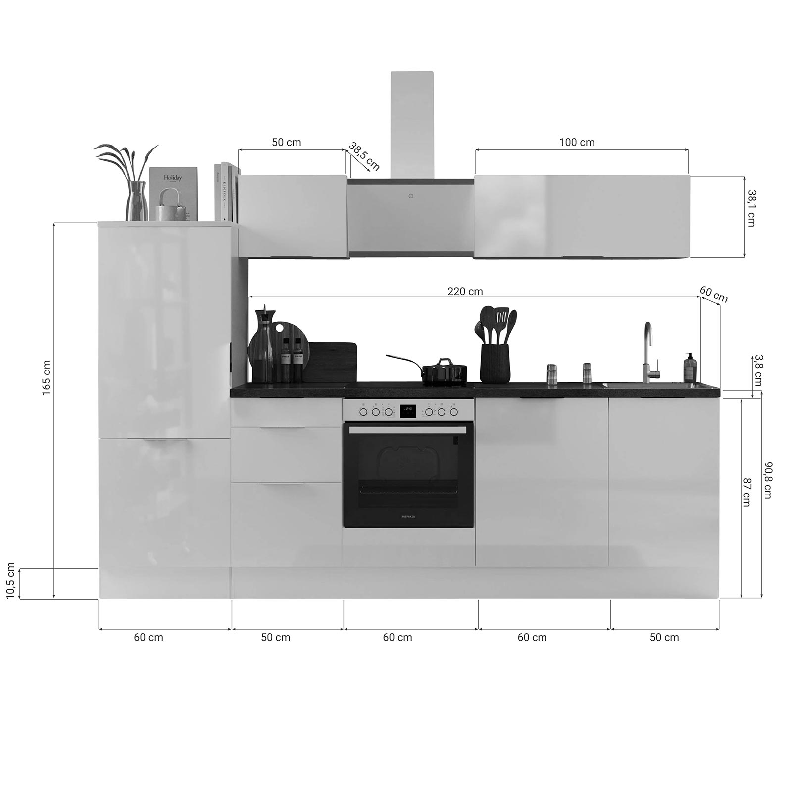 RESPEKTA Küchenblock - grau matt - Artisan Eiche - mit E-Geräten - 280 cm
