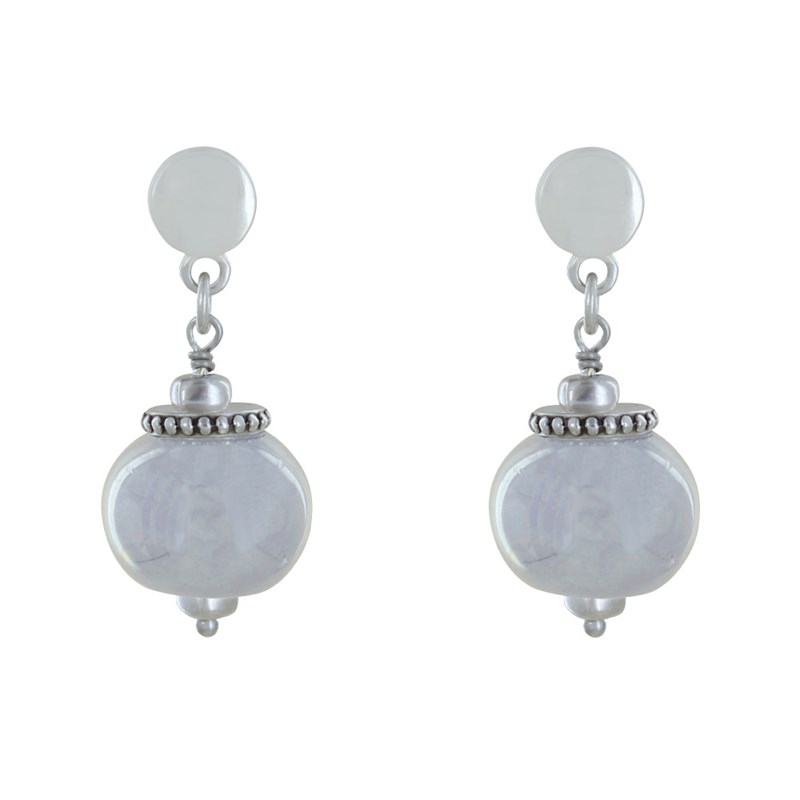 Boucles d'Oreilles Clous Métal Argenté et Grosses Perles en Céramique