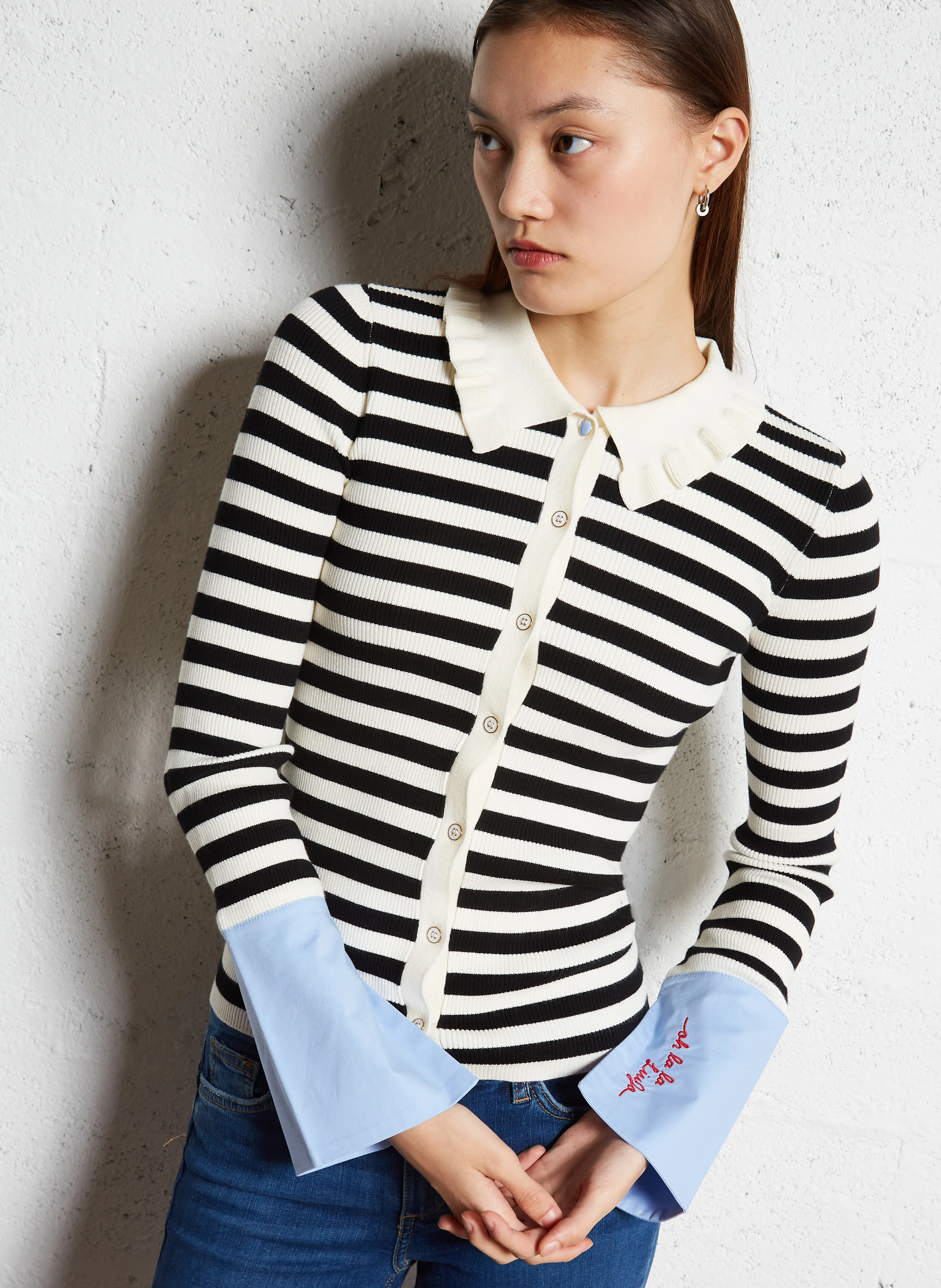 Cardigan à rayures avec col | Noir