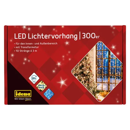 Idena 300er LED Lichtervorhang, 3 x 3 m, warmweiß, für innen und außen, mit Timer