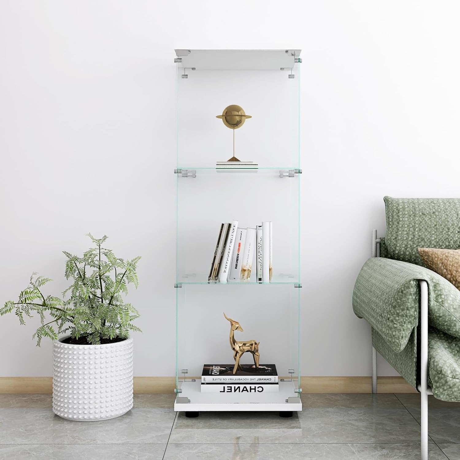 Glasvitrine Stehend,Glas Vitrine,Sammlervitrine,3-stufiger Glas Holz Vitrinenschrank mit abschließbarer Tür,ideal für Wohnzimmer,Schlafzimmer und Büro(Weiß, 3 Etagen, 1 Tür)