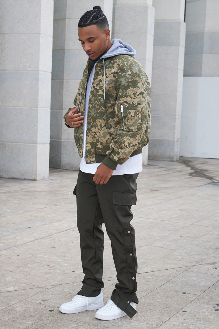 Veste bi-matière à capuche camouflage kaki