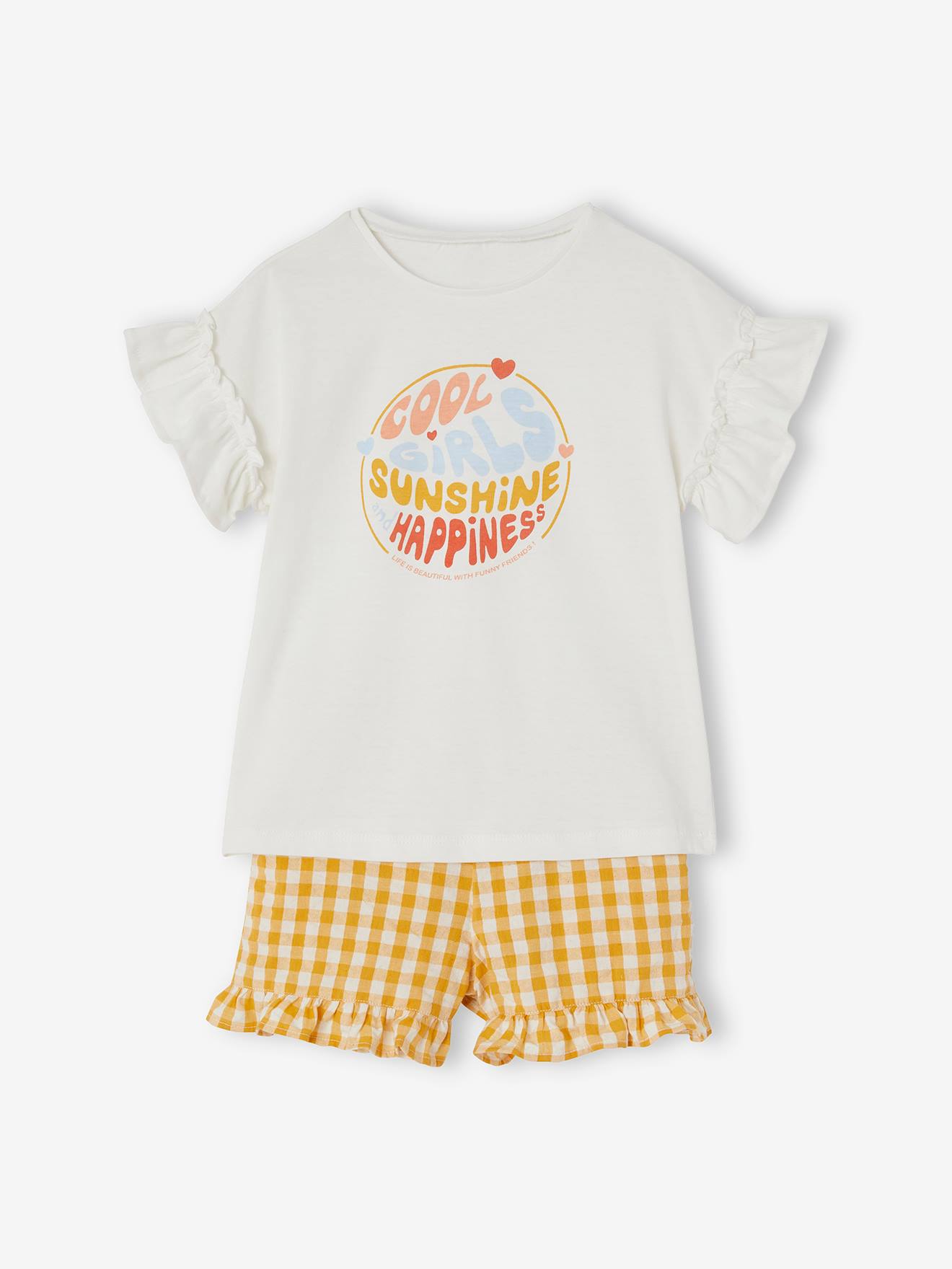 Conjunto de camiseta e shorts xadrez vichy para meninas, branco claro liso.