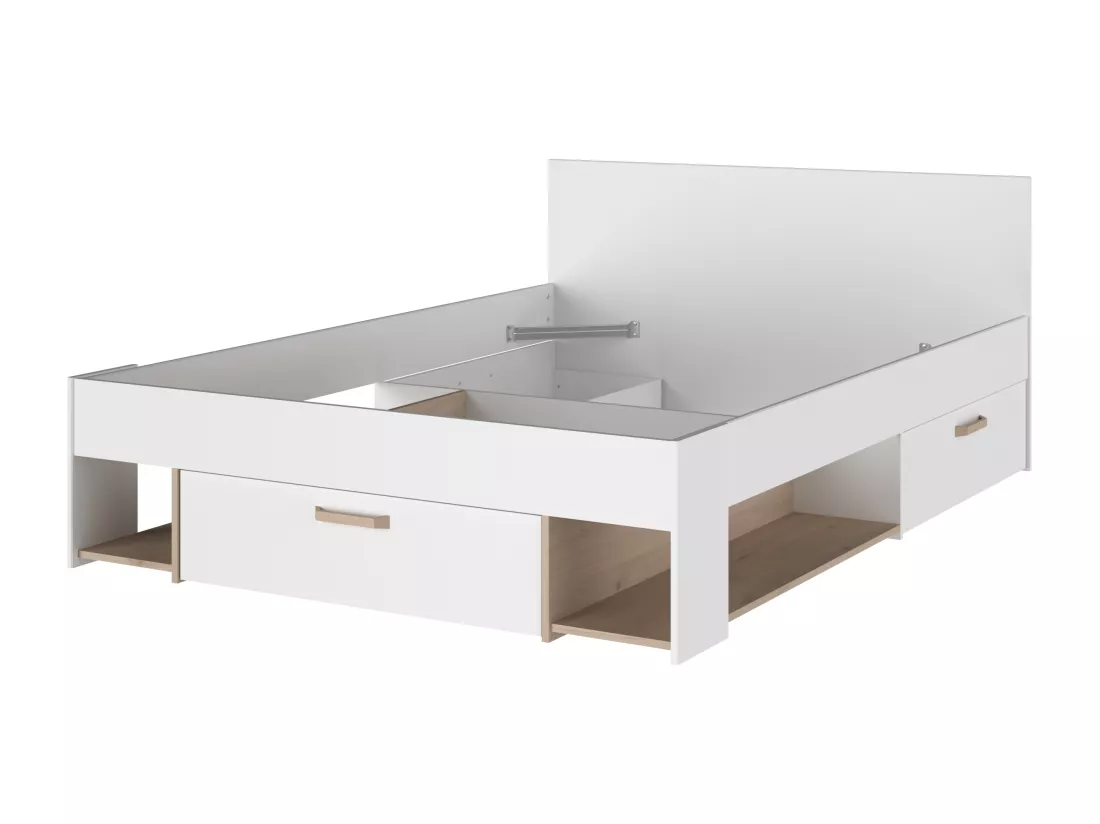 Lit 140 x 190/200 cm avec rangements - Blanc et naturel + Sommier - KINSELIA