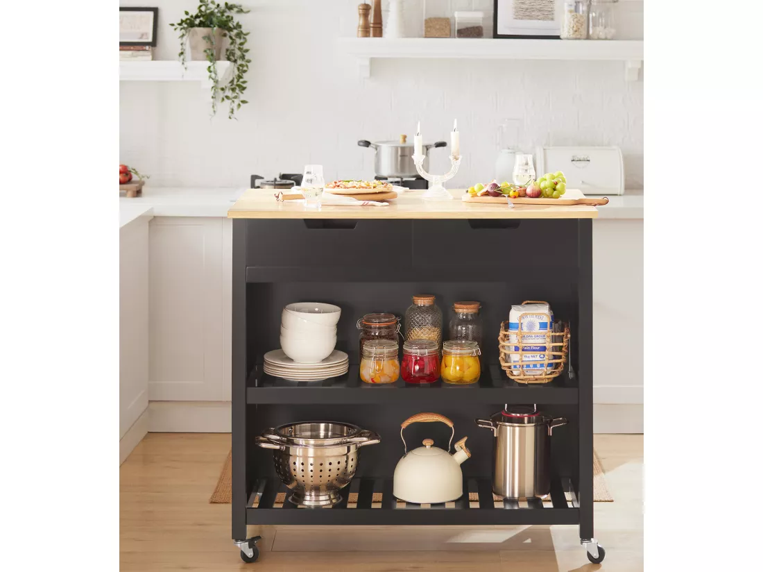 Cuisine Buffet Desserte de Cuisine Table Roulante avec 2 tiroirs et 2 étagères, FKW74-SCH