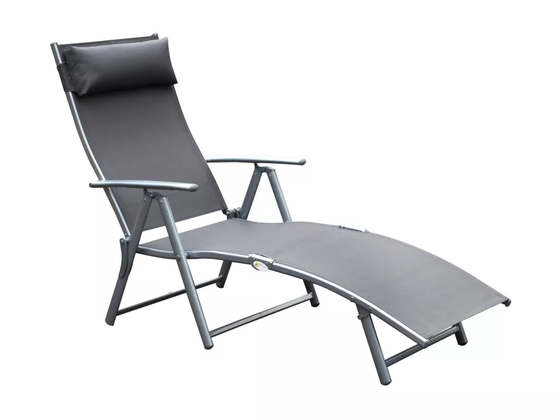 Outsunny transat chaise longue bain de soleil pliable dossier inclinable multi-positions têtière fournie 137L x 64l x 101H cm métal époxy textilène gris
