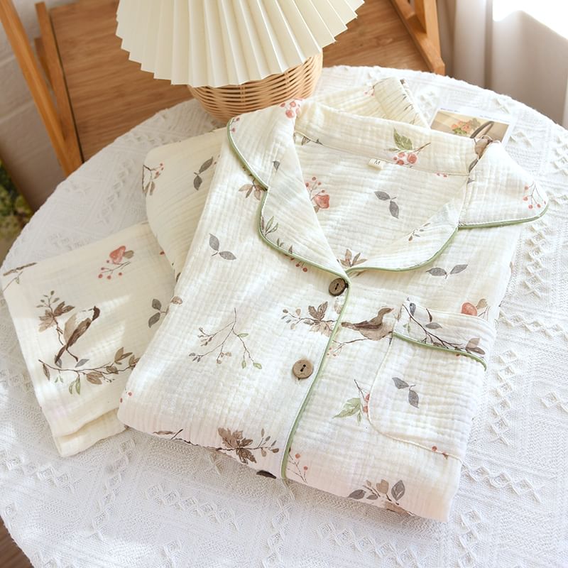 MelMount - Pyjamaset: overhemd met lange mouwen en bloemenprint + broek