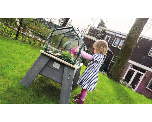 Kinder verhoogd tuinbed op palen EXIT Aksent hout maat L met deksel, tuingereedschap 93,5x68x50 cm grijs