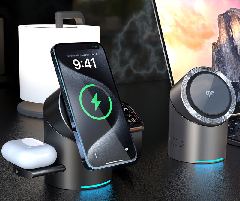 (20W) 3in1 MagSafe Qi2 Wireless Charger Fast Charging Ladegerät Ladestation mit Drehfunktion - Schwarz