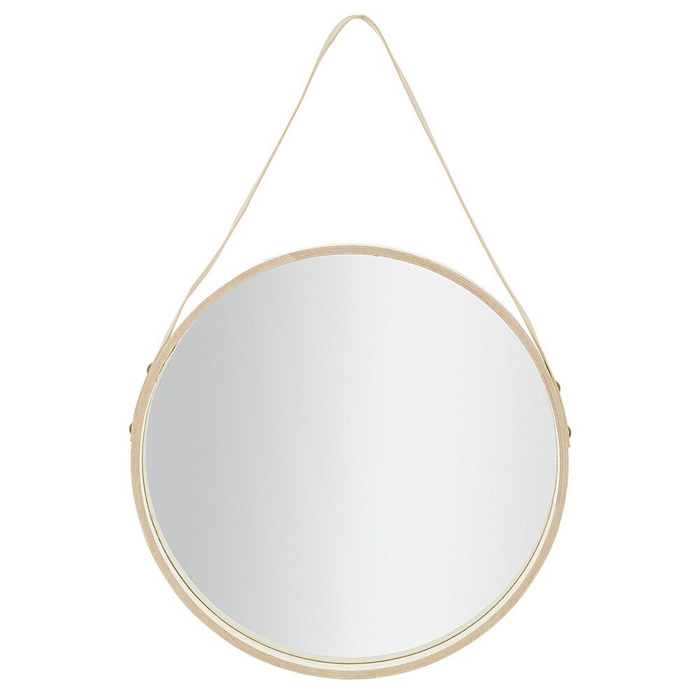 Miroir rond en mdf et sangle de suspension beige