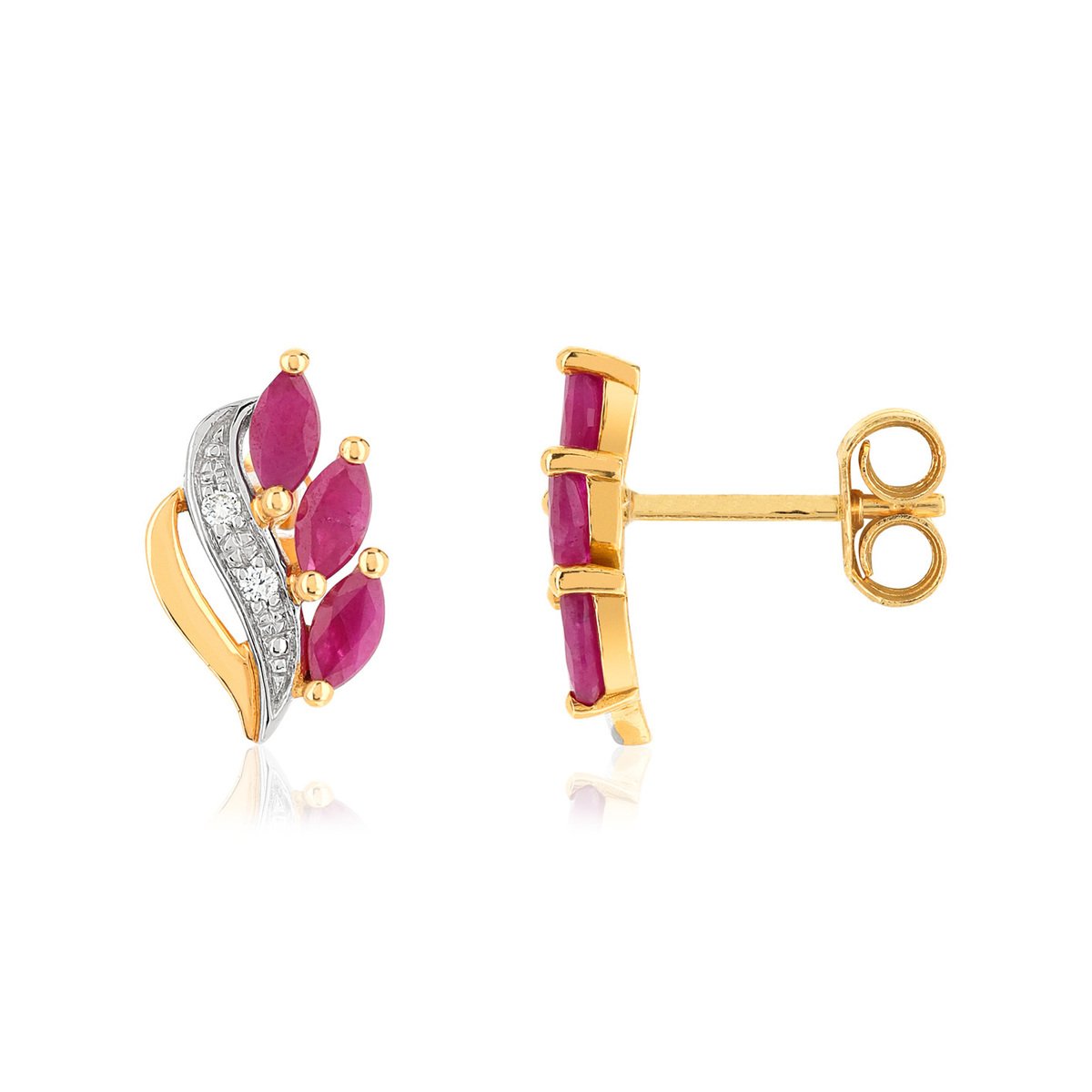 Boucles d'oreilles or 750 2 tons feuilles rubis taille marquise et diamants