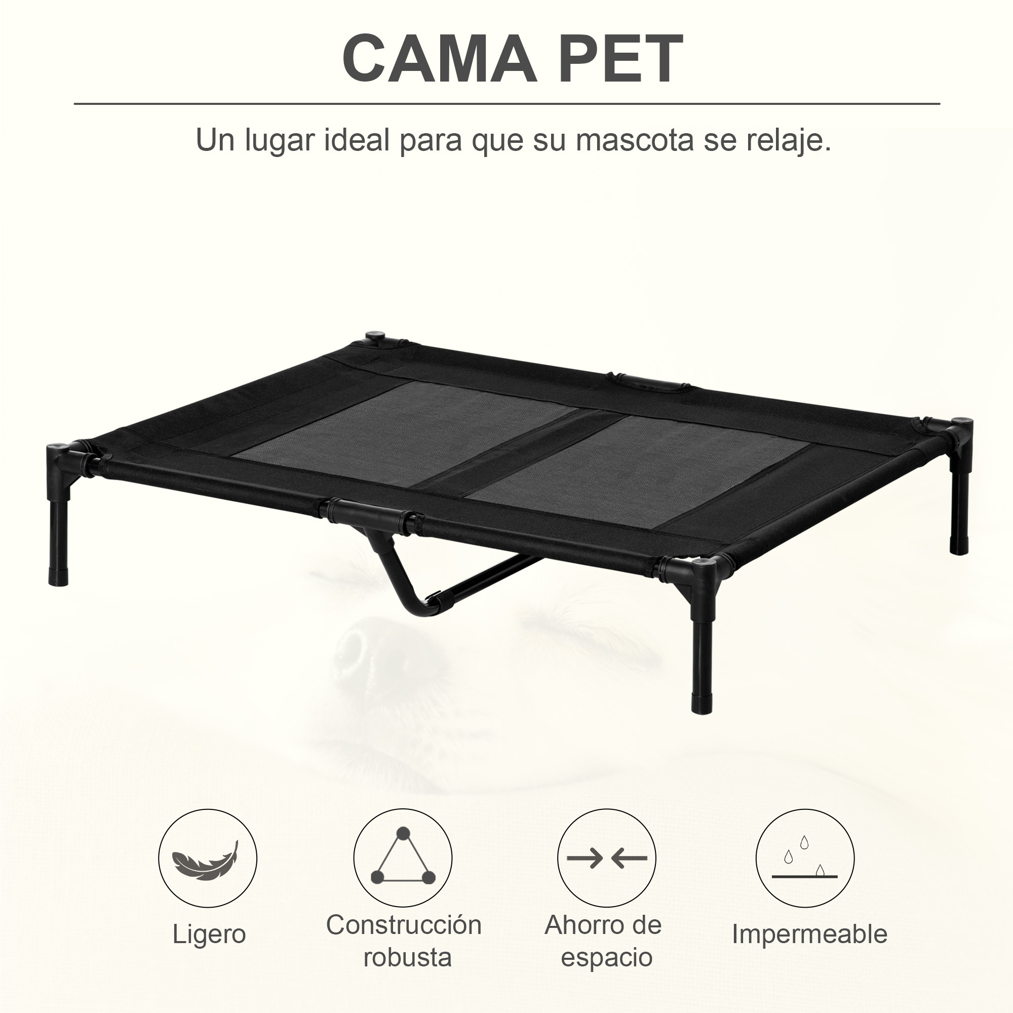 Cama elevada PawHut para cães e gatos, cama portátil com área de malha respirável e tecido Oxford para uso interno e externo, 92x76x18 cm, preta.