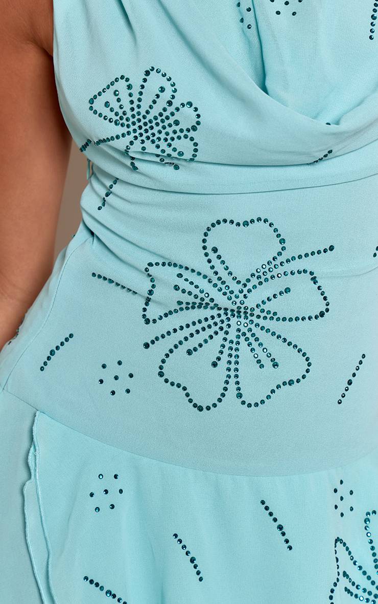 Bleu Clair Robe Courte Droite À Volants Avec Col Bénitier En Mousseline Ornée