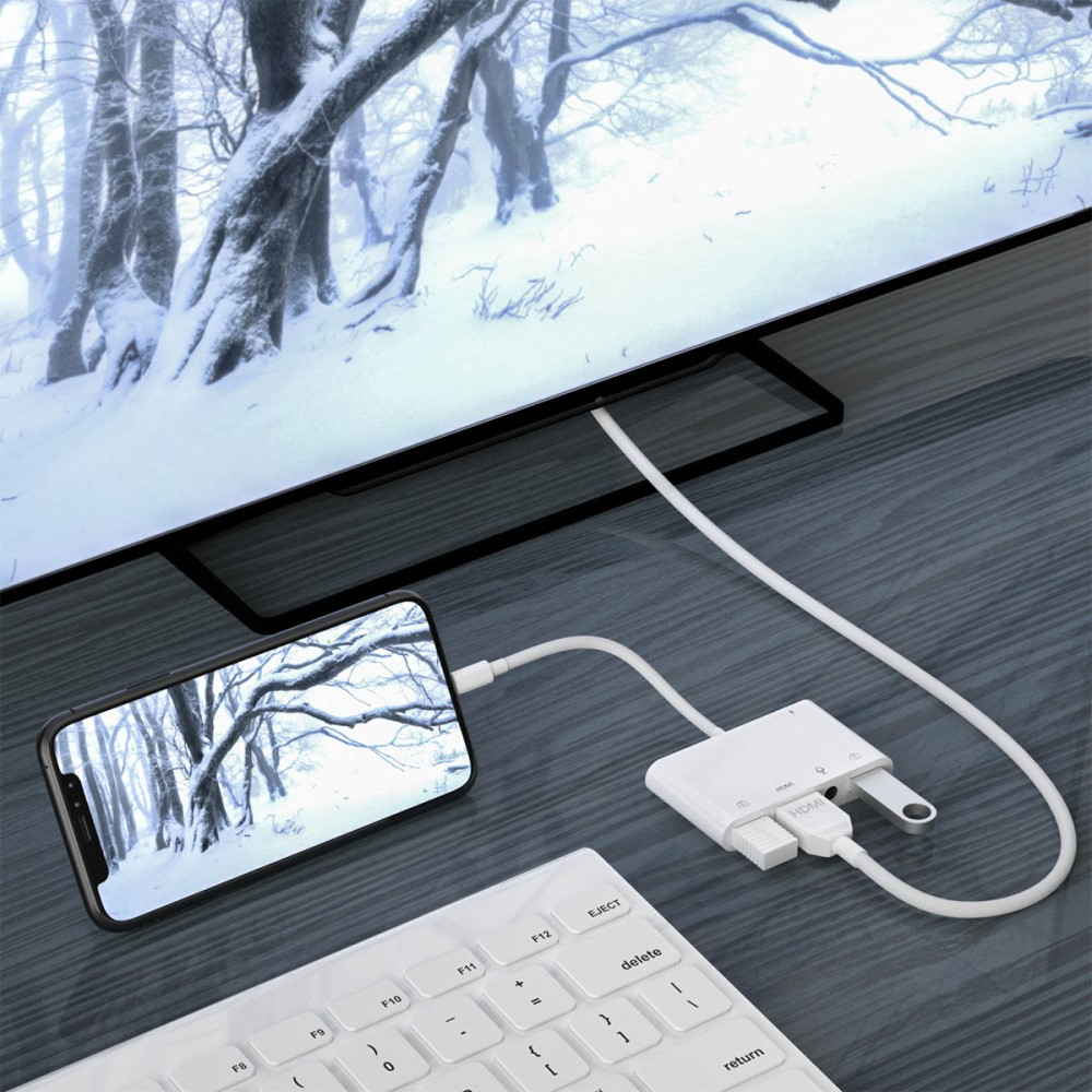Lightning auf HDMI Digital AV / Dual USB A / 3.5mm Klinke Adapter für Apple iPhone / iPad - Weiss