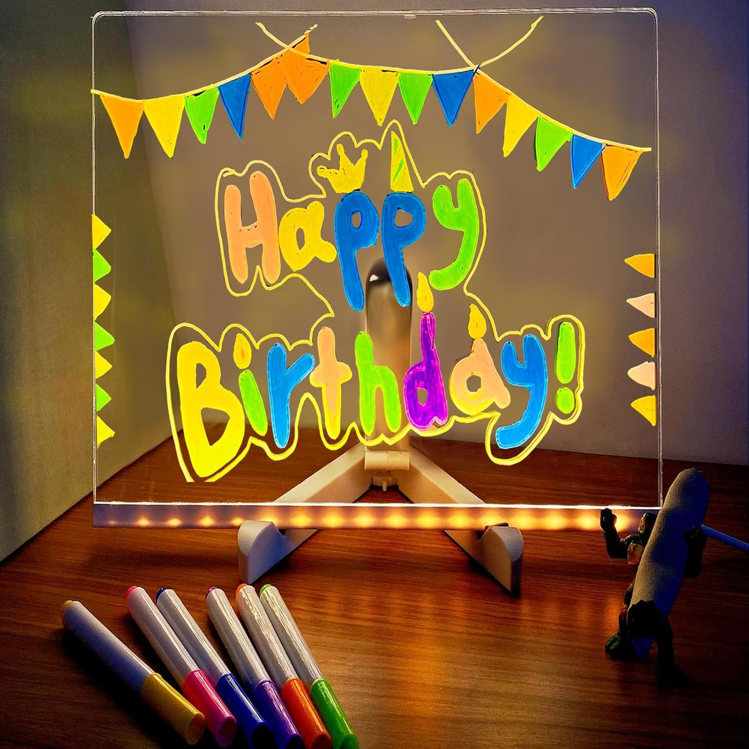 (20x20cm) LED Acryl Notiztafel DIY Message Board Beschriftbare USB Leucht Nachrichten Tafel Deko Schreib Brett inkl. Ständer / Stifte / Reinigungstuch