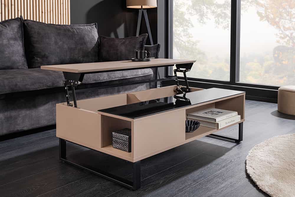 Höhenverstellbarer Couchtisch APARTMENT 110cm taupe greige schwarz Metall Stauraum