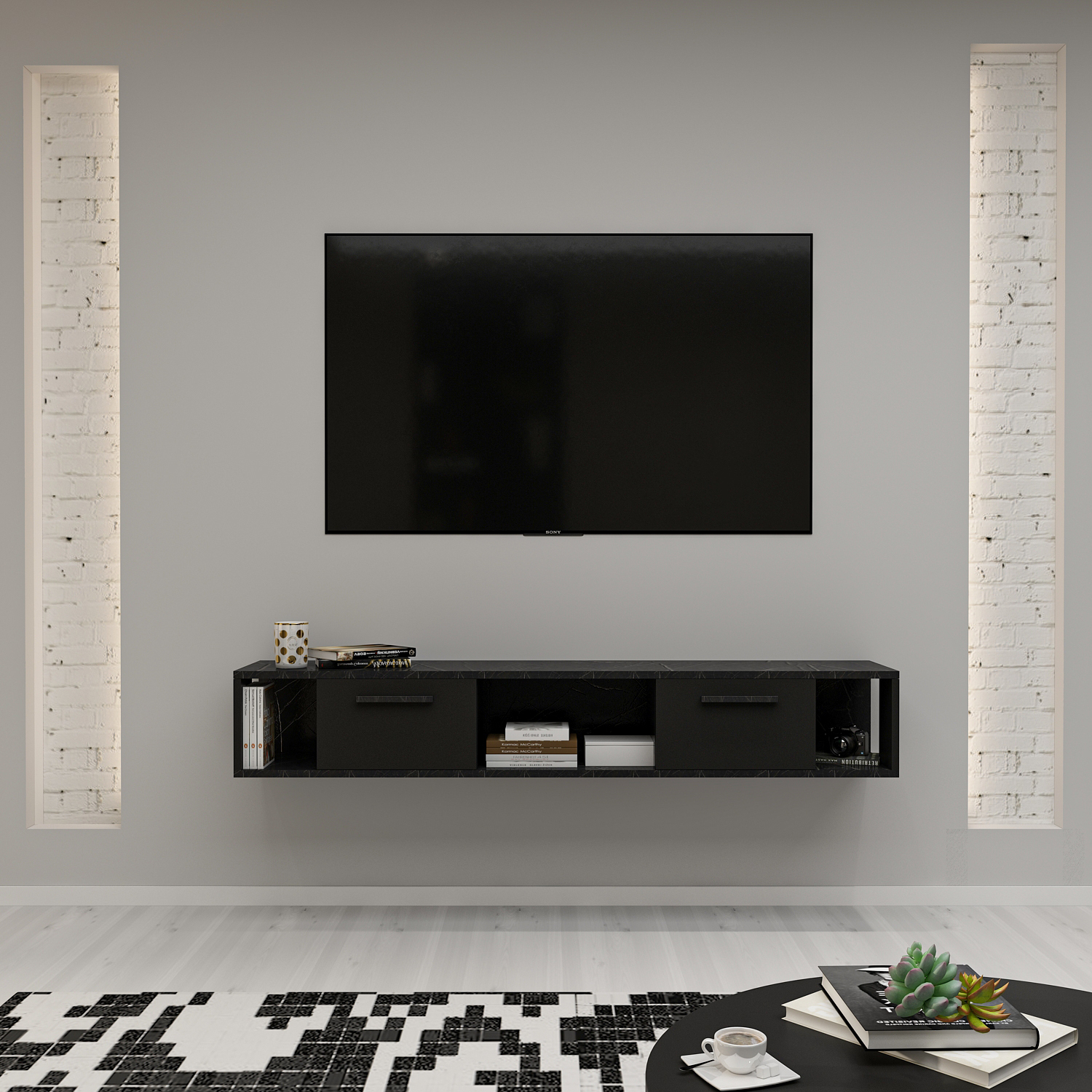 TV-Lowboard - schwarz - Marmoroptik - hängend - 160 cm