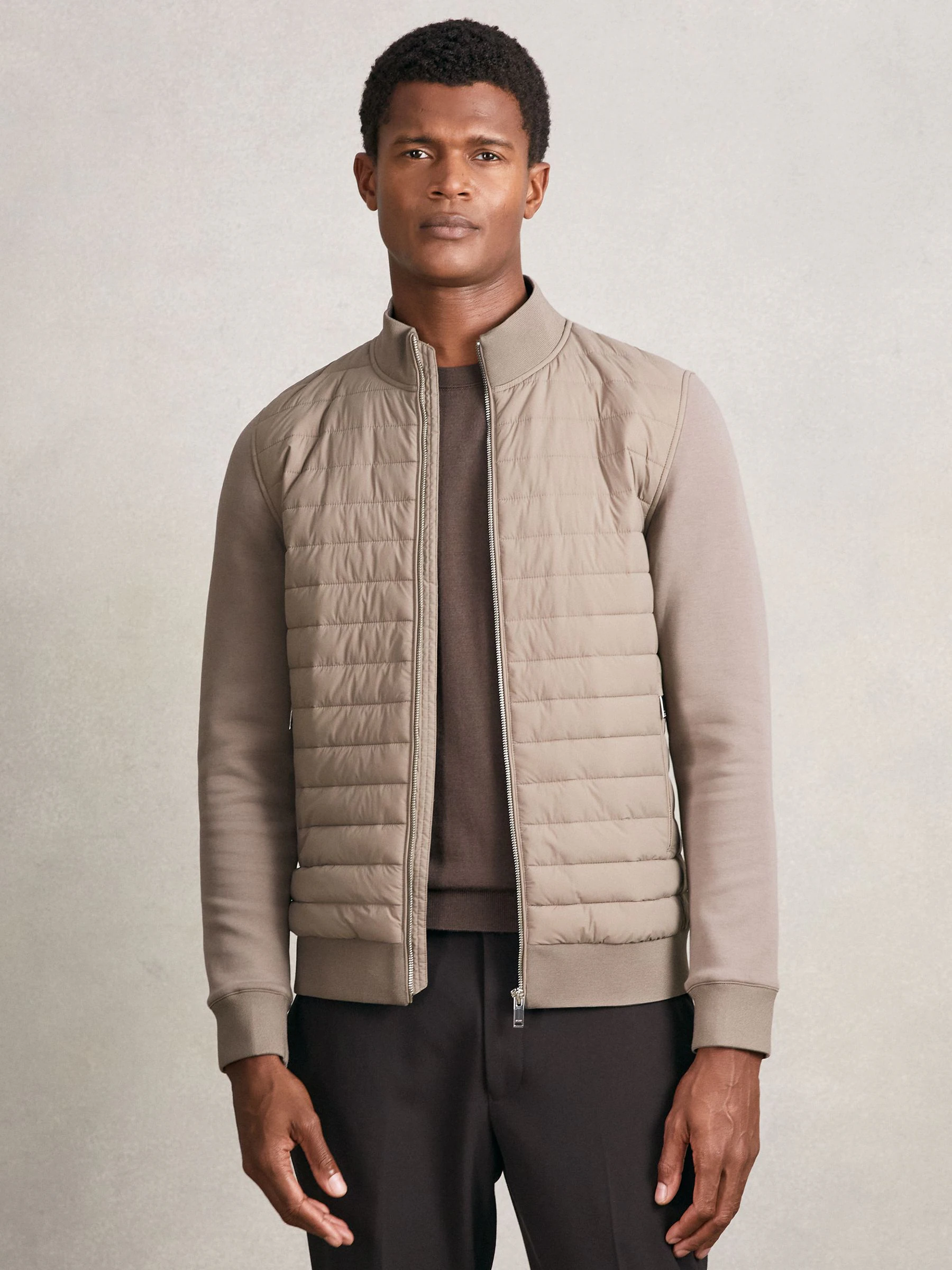 Taupe bruin - Reiss Freddie Hybrid gewatteerd en gebreid jack met rits