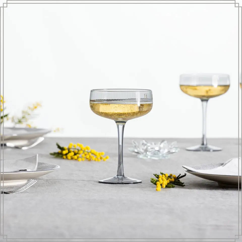 OTIX Champagnecoupe Glazen 6 Stuks Reliëf Ribbel Smoke Glas Grijs