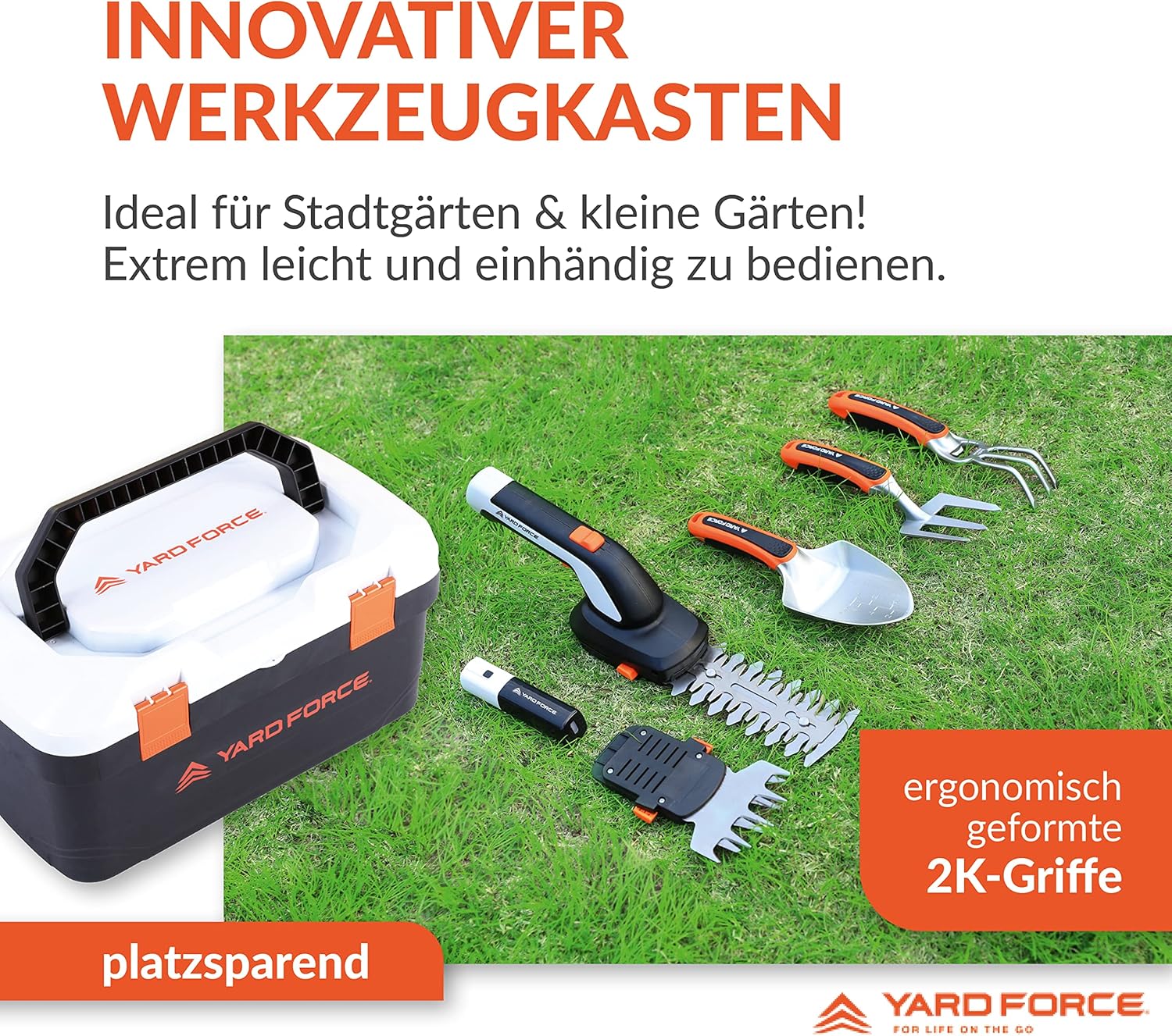 Yard Force VITA Gartenwerkzeug Set 6-teilig inkl. Koffer I Elektrische Grasschere mit 4Ah Akku & Ladegerät I Hochwertige Gartengeräte für kleine Gärten und Balkon