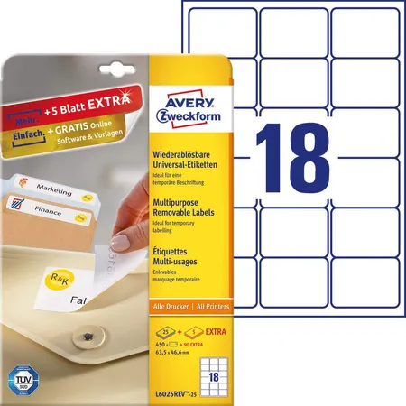 Avery Zweckform L6025REV-25 Universal-Etiketten,A4 63,5 x 46,6 mm, 30 Bogen/540 Etiketten, weiß