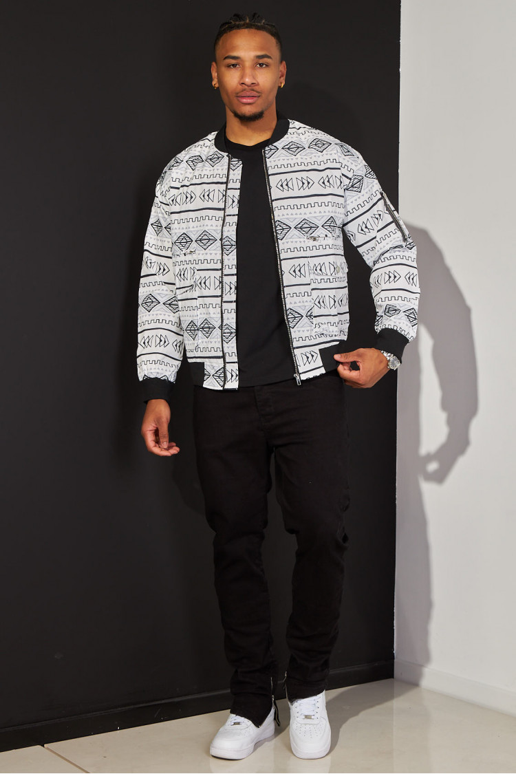 Bomber blanc à motif aztèque tricolore