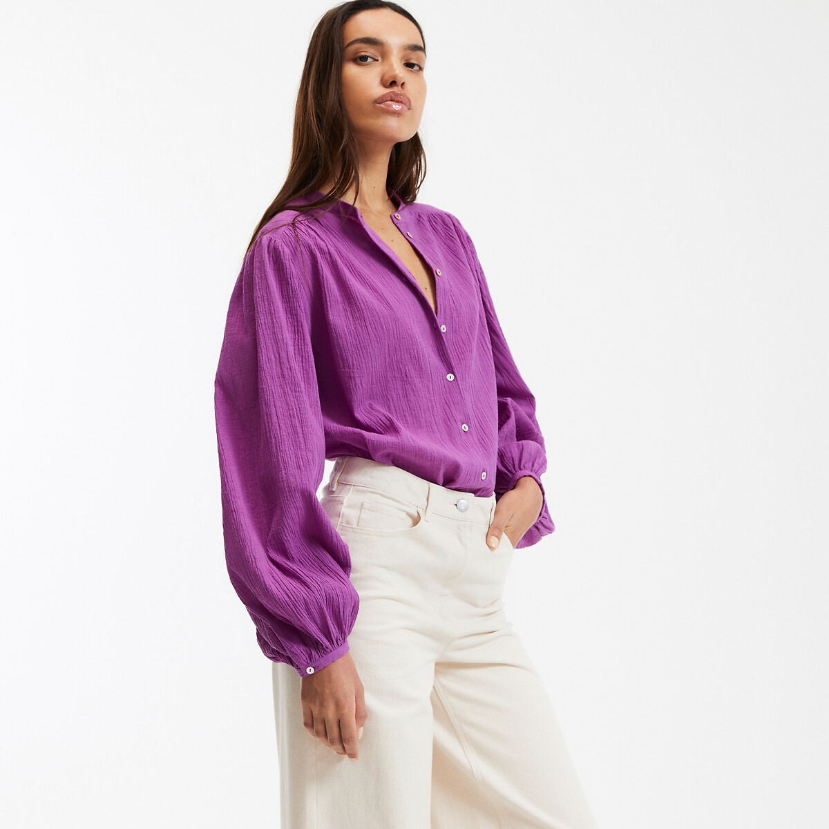 COLEÇÕES LA REDOUTE<br>Camisa oversized com gola mao, assinatura LISE