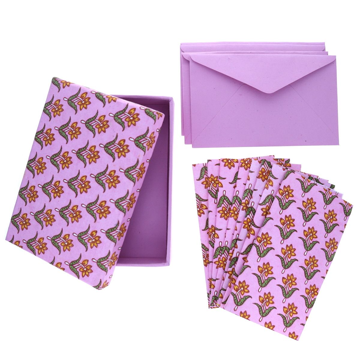 Coffret de correspondance fleuri block print lila - Delhi d'antan Pondie Chérie