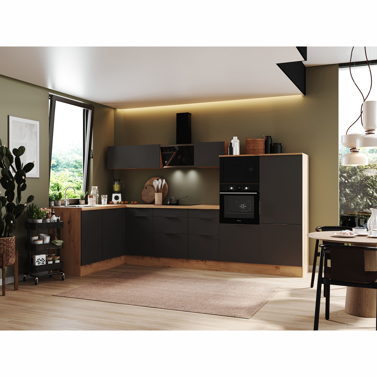 RESPEKTA Winkelküche - grau matt - Artisan Eiche - mit E-Geräten - 340x175 cm