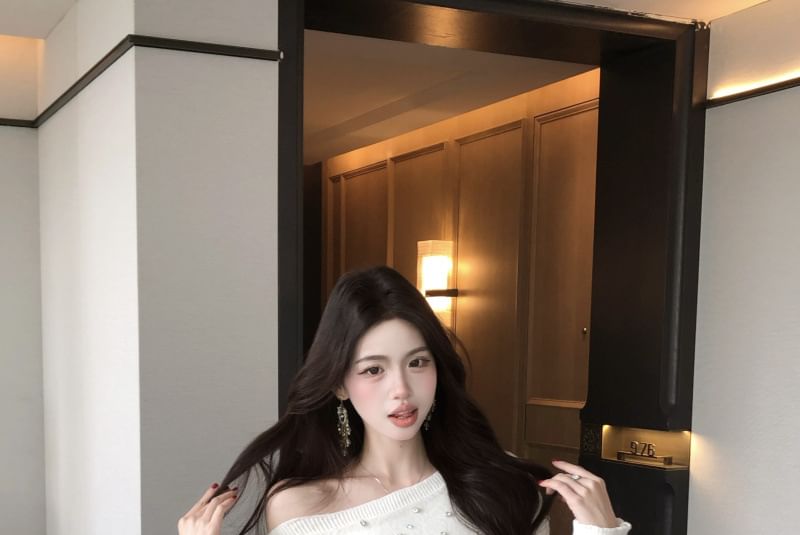 Trendycas - Lange mouw off-shoulder effen strass gebreide mini-schedejurk