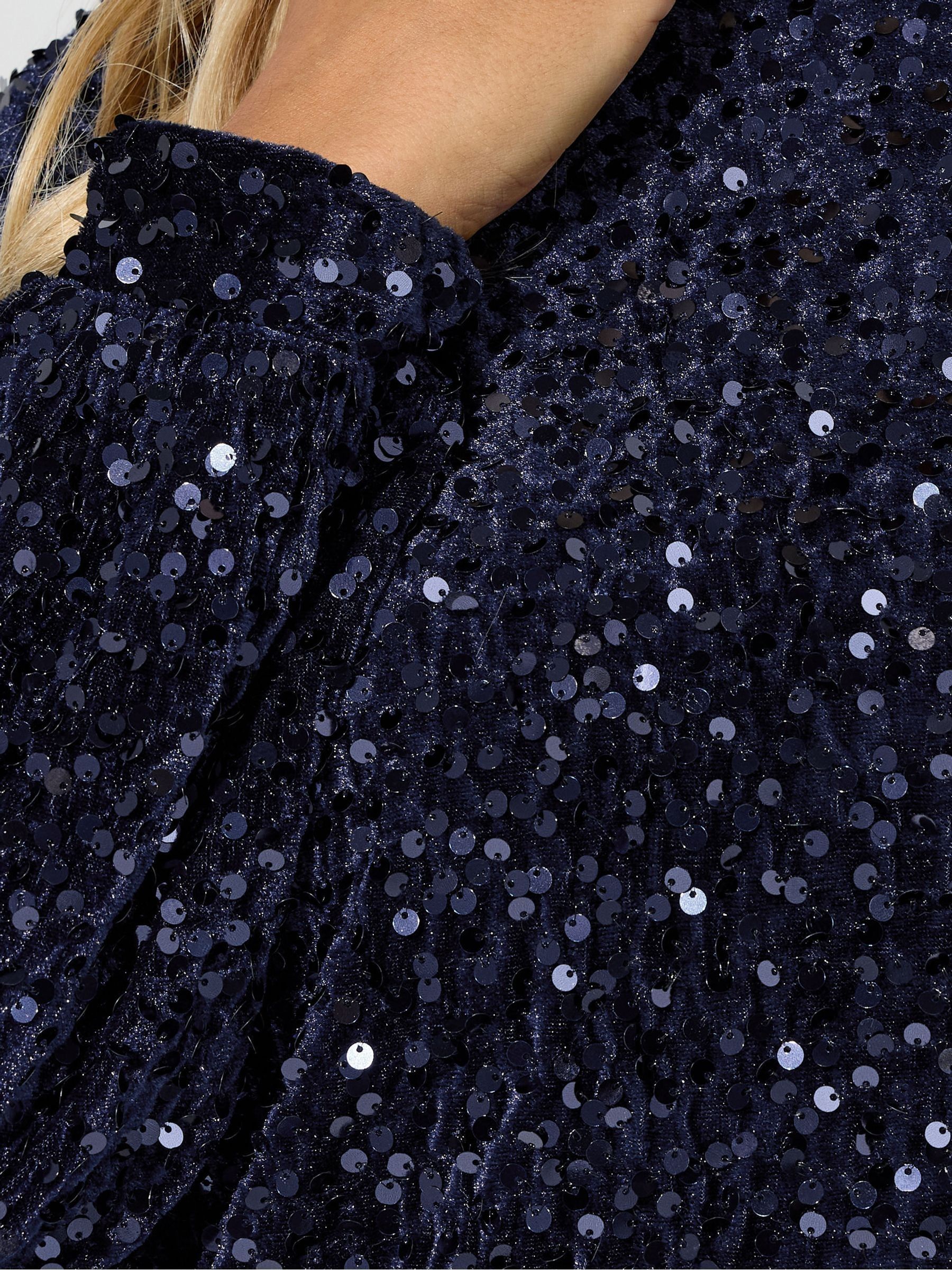 Blauw - Yours Curve London jurk van fluweel met lovertjes en lange mouwen