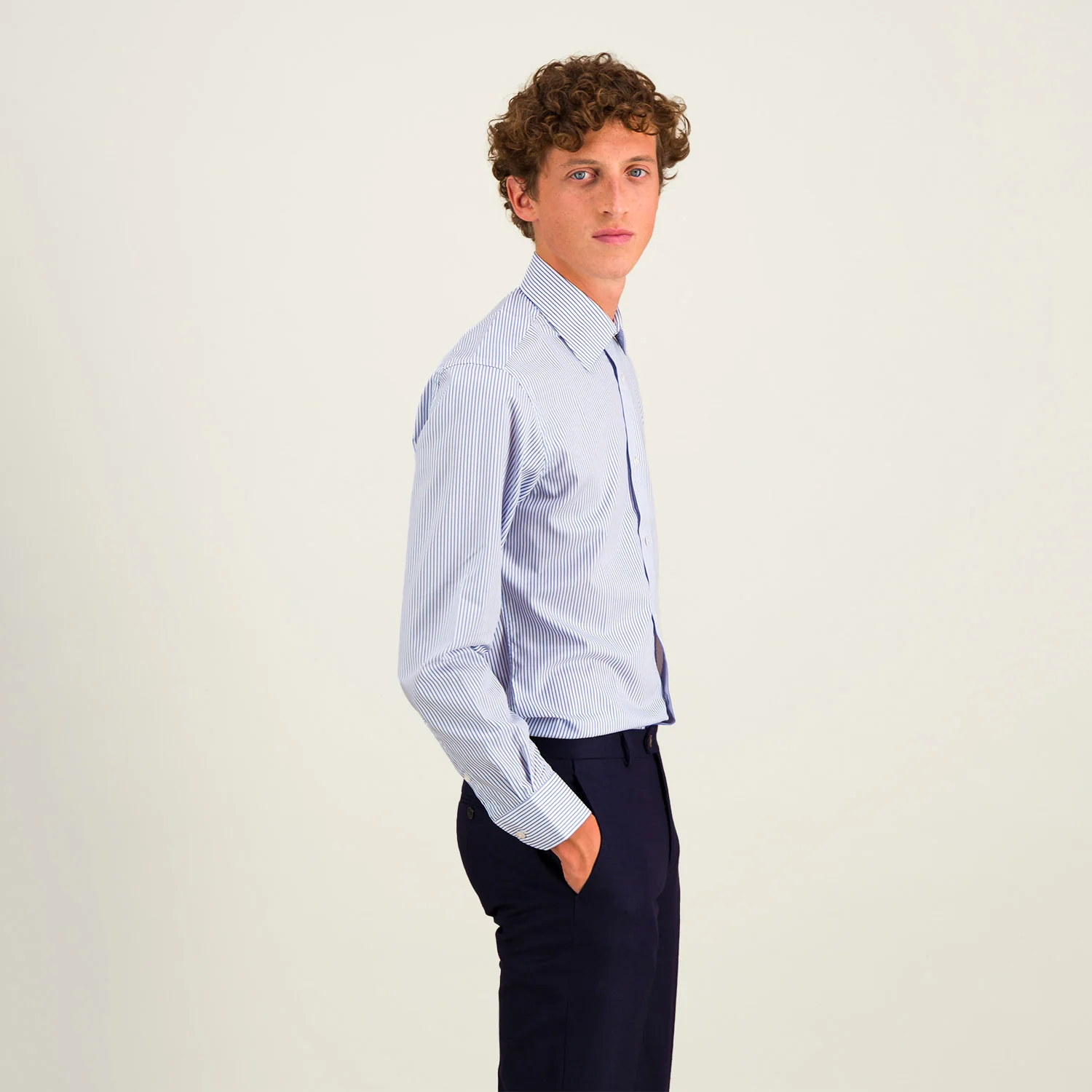 Twill shirt with fine blue and white stripes