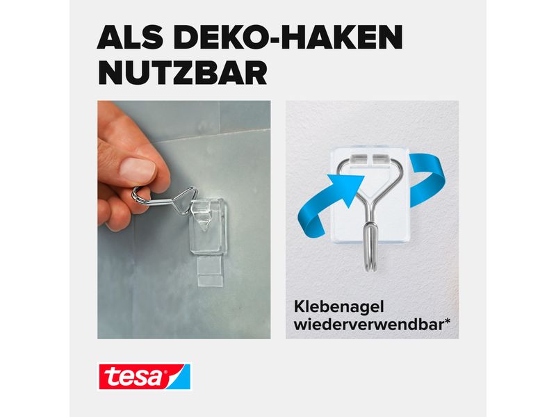 tesa Klebehaken Powerstrips Haken Small Transparent, 0.5 kg Selbstklebende Haken mit abnehmbarem Drahthaken – wiederverwendbar – Montage ohne Bohren