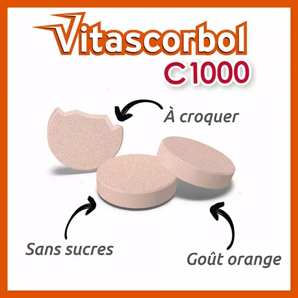 Vitascorbol C1000 Fadiga e Sistema Imunológico Sabor Laranja 20 Comprimidos Mastigáveis