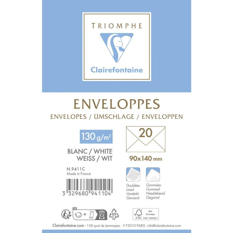 Paquet de 20 Enveloppes Blanches Doublées Triomphe 90x140mm - Gommées - 130g/m2 - Blanc