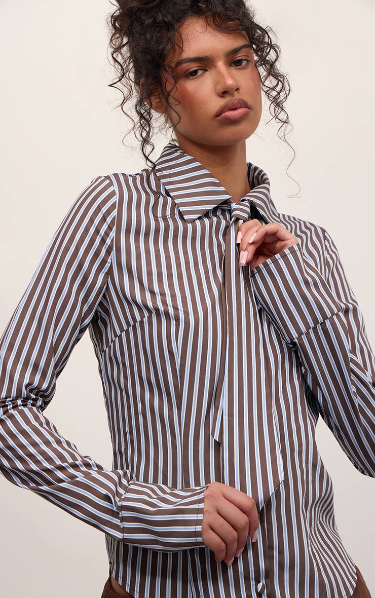 Bleu Chemise Cintrée À Rayures Avec Détail Nœud