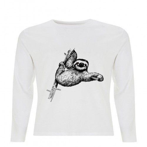 Camiseta unissex com estampa de preguiça, branca.